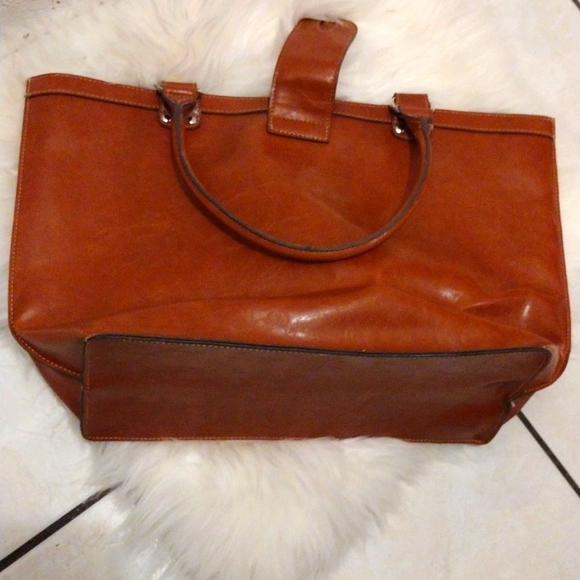 EMILIE M. BROWN FAUX LEATHER ZIPPERED and CLOTH HANDBAG - Picture 4 of 9
